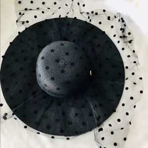 Black Wide Brim Black Veil Polka Dot Floppy Summer Straw Hat NEW